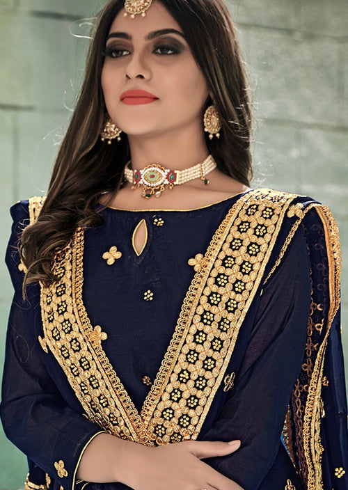 Navy Blue Chanderi Silk Embroidered Patiala Suit