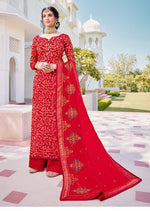 Red Pure Jacquard Silk Embroidered Palazzo Suit