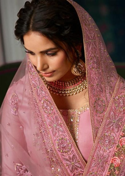 Pink Pure Tusser Silk Swarovski Embroidered Pant Suit