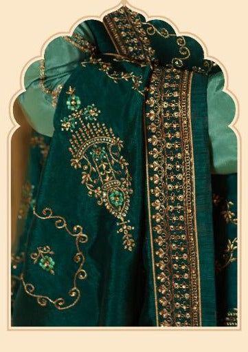 Sea Green & Dark Green Satin Muslin Embroidered Palazzo Suit