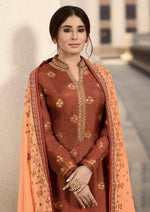 Brown & Light Orange Pure Dola Jacquard Silk Embroidered Palazzo Suit