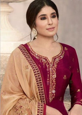 Maroon & Beige Pure Dola Jacquard Silk Embroidered Palazzo Suit