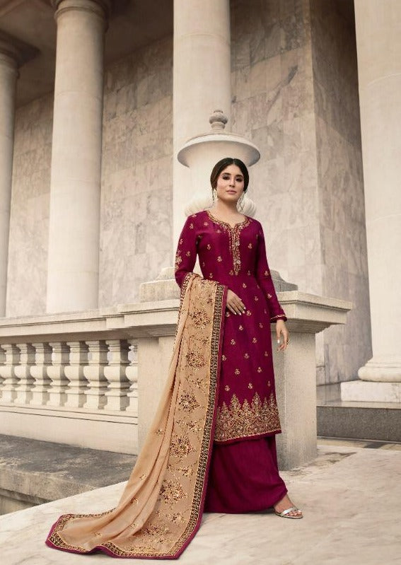 Maroon & Beige Pure Dola Jacquard Silk Embroidered Palazzo Suit