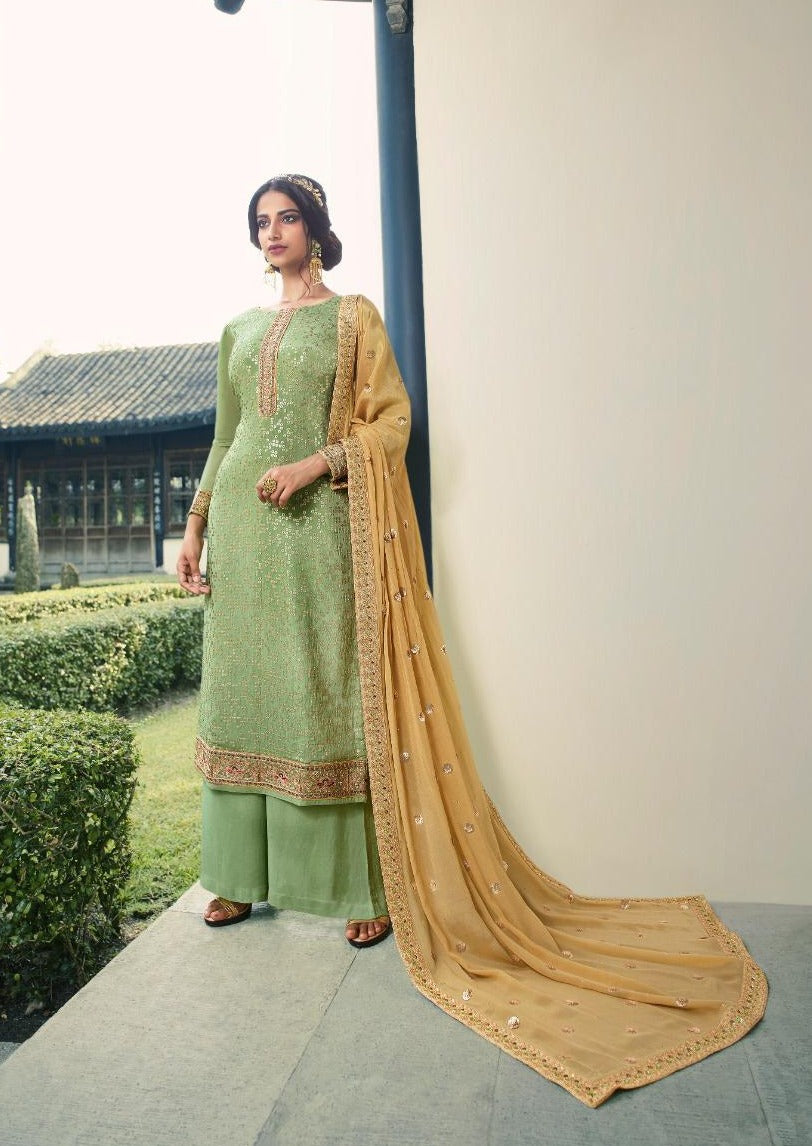 Mint Green & Beige Pure Viscose Chinon  Sequins Embroidered Palazzo Suit