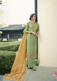 Mint Green & Beige Pure Viscose Chinon  Sequins Embroidered Palazzo Suit