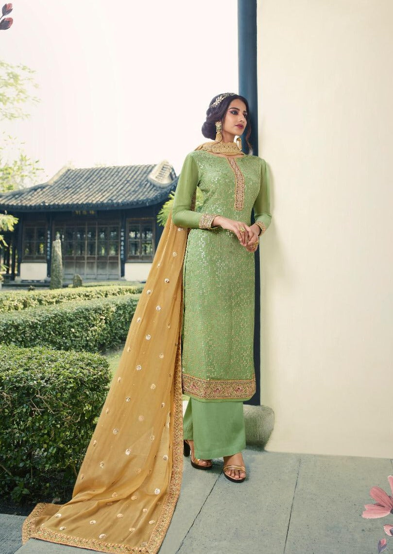 Mint Green & Beige Pure Viscose Chinon  Sequins Embroidered Palazzo Suit