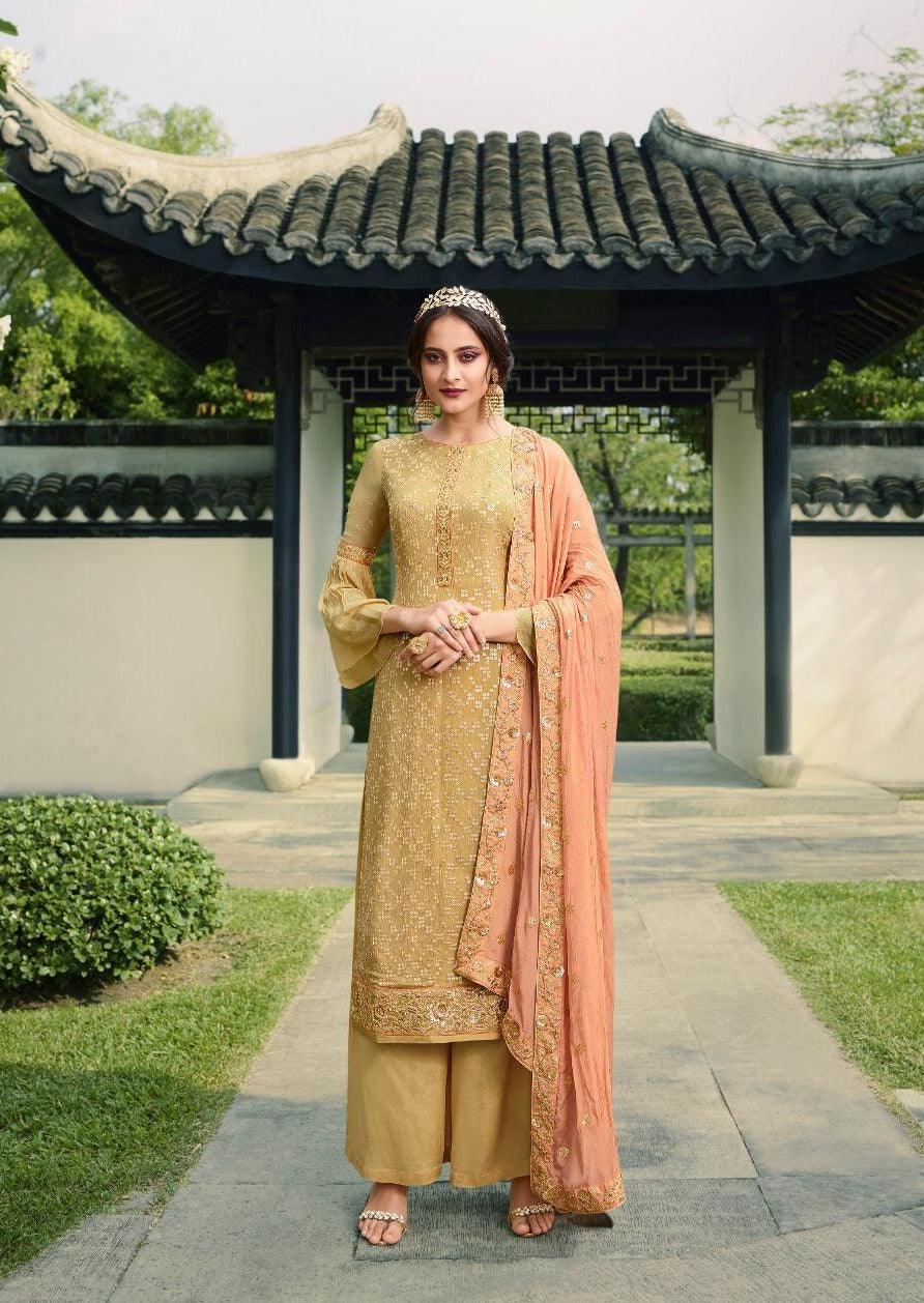 Beige & Peach Pure Viscose Chinon Sequins Embroidered Palazzo Suit