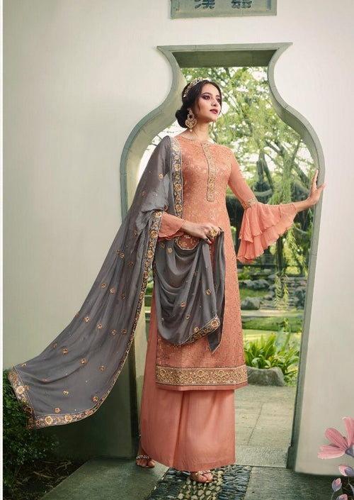 Peach & Grey Pure Viscose Chinon Sequins Embroidered Palazzo Suit