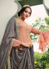 Peach & Grey Pure Viscose Chinon Sequins Embroidered Palazzo Suit