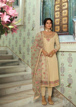 Beige Pure Tusser Silk Swarovski Embroidered Churidar Suit
