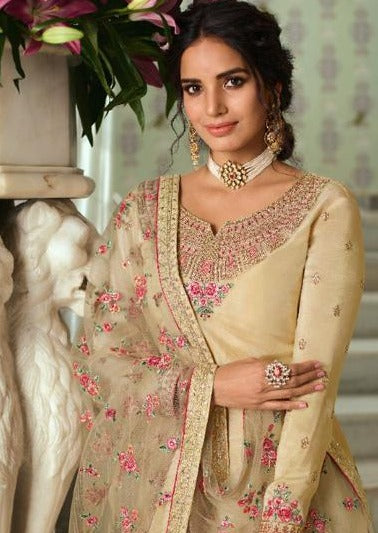 Beige Pure Tusser Silk Swarovski Embroidered Churidar Suit