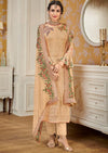 Peach Floral Faux Georgette Embroidered Pant Suit