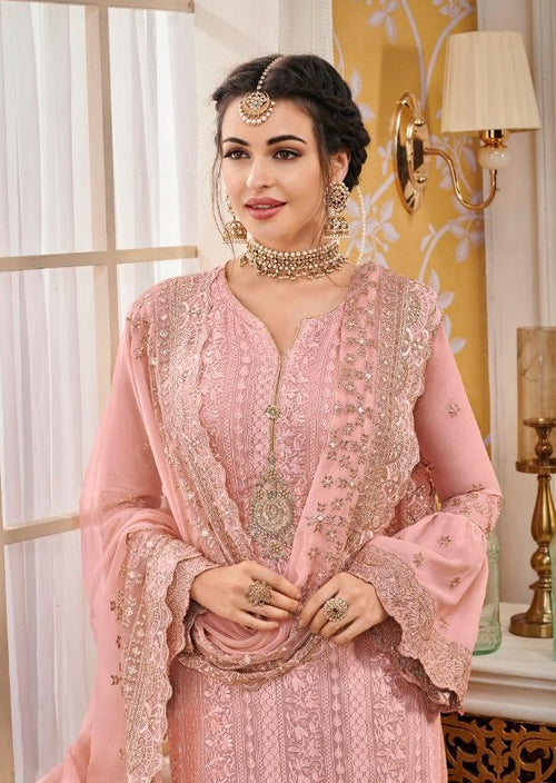 Pink Floral Faux Georgette Embroidered Pant Suit