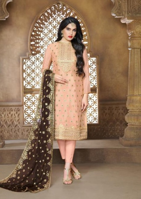 Peach and Brown Heavy Chinon Embroidered Pant Suit