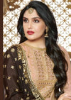 Peach and Brown Heavy Chinon Embroidered Pant Suit
