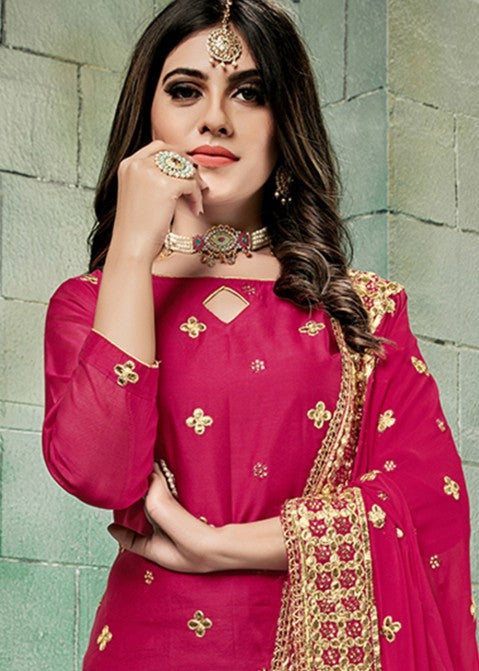 Pink Chanderi Silk Embroidered Patiala Suit