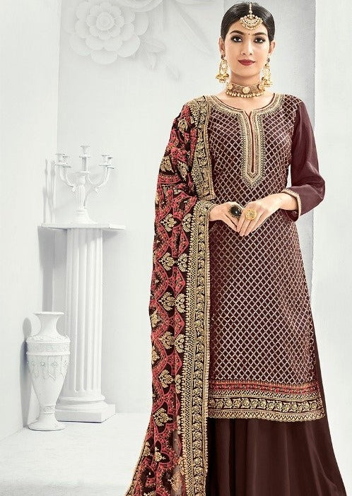 Brown Heavy Chinon Embroidered Palazzo Suit
