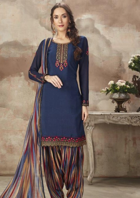 Navy Blue Floral Crepe Silk Embroidered Digital Print Patiala Suit