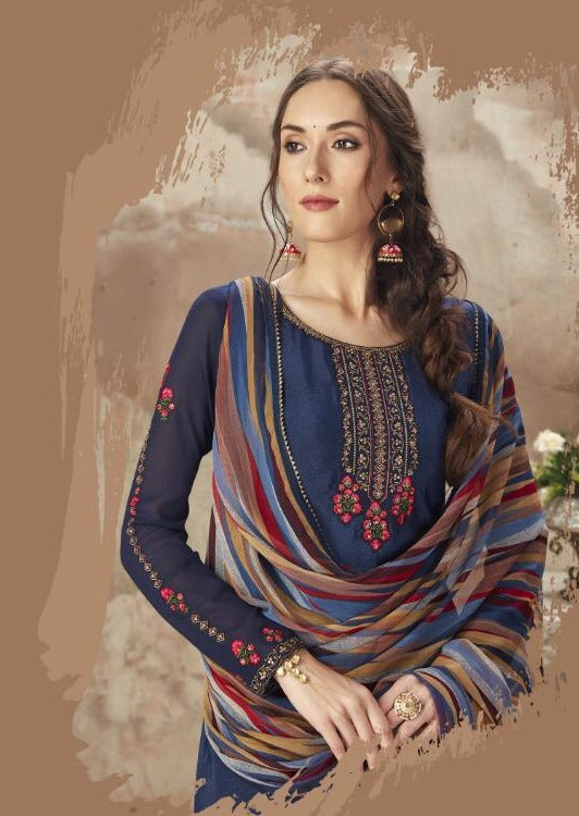 Navy Blue Floral Crepe Silk Embroidered Digital Print Patiala Suit