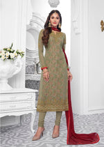 Light Brown & Pink Classic Georgettte Embroidered Digital Print Churidar Suit