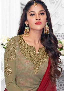 Light Brown & Pink Classic Georgettte Embroidered Digital Print Churidar Suit