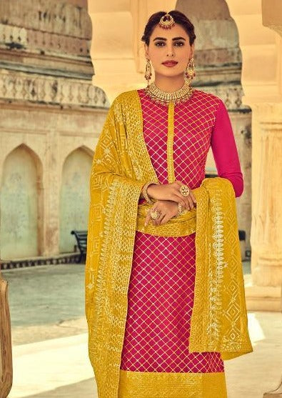 Pink & Mustard Heavy Chinon Embroidered Palazzo Suit