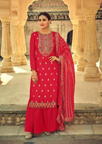 Red Heavy Chinon Embroidered Palazzo Suit