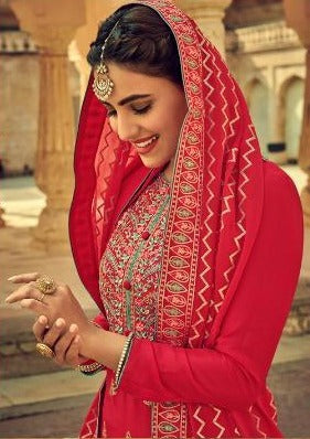 Red Heavy Chinon Embroidered Palazzo Suit