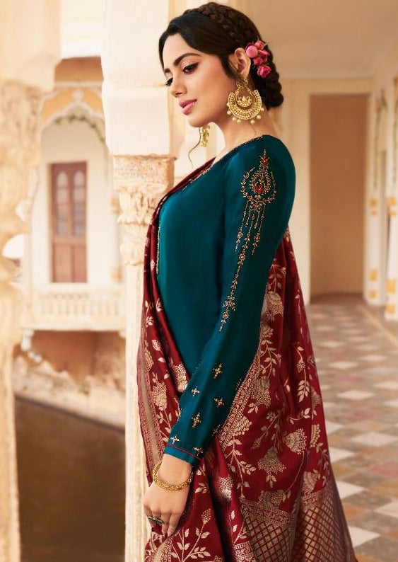 Teal & Maroon Satin Georgette Embroidered Churidar Suit