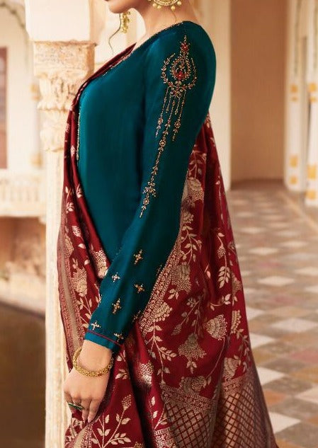 Teal & Maroon Satin Georgette Embroidered Churidar Suit