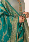 Silver Grey & Turquoise Satin Georgette Embroidered Churidar Suit