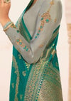 Silver Grey & Turquoise Satin Georgette Embroidered Churidar Suit