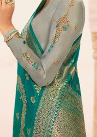 Silver Grey & Turquoise Satin Georgette Embroidered Churidar Suit