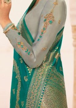 Silver Grey & Turquoise Satin Georgette Embroidered Churidar Suit