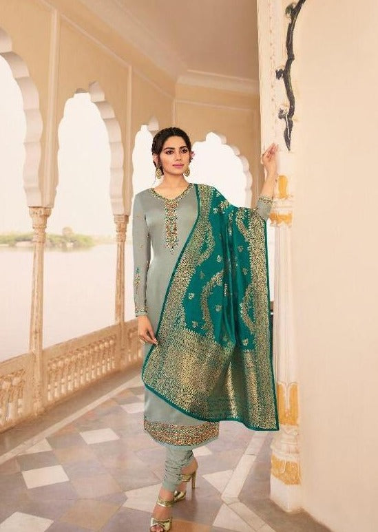 Silver Grey & Turquoise Satin Georgette Embroidered Churidar Suit