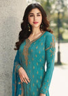 Blue Dola Jacquard Heavy Embroidered Palazzo Suit