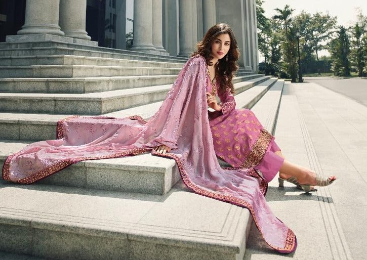 Pink & Lavender Dola Jacquard Heavy Embroidered Palazzo Suit
