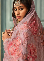 Peach Embroidered Digital Print Pure Chiffon Pant Suit