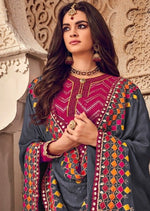 Magenta & Grey Pure Georgette Embroidered Palazzo Suit