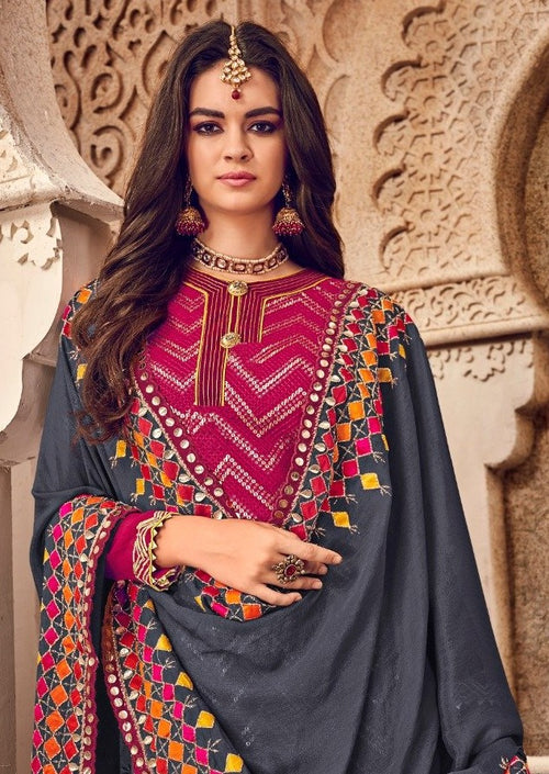 Magenta & Grey Pure Georgette Embroidered Palazzo Suit