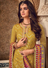 Mustard And Dusty Beige Pure Georgette Embroidered Palazzo Suit