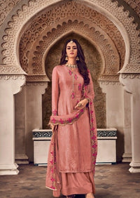 Salmon Pink Pure Georgette Embroidered Palazzo Suit