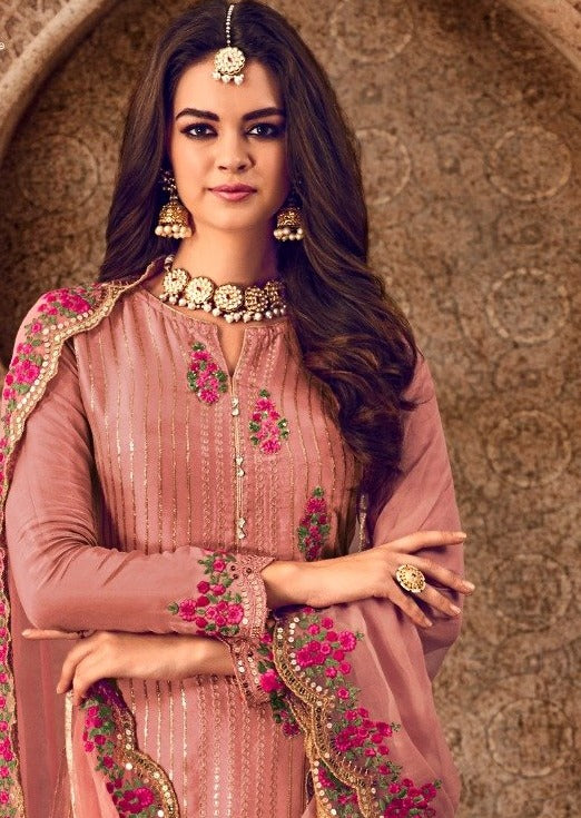 Salmon Pink Pure Georgette Embroidered Palazzo Suit
