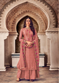 Salmon Pink Pure Georgette Embroidered Palazzo Suit