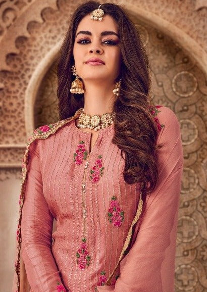 Salmon Pink Pure Georgette Embroidered Palazzo Suit