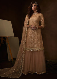 Peach Sequins Embroidered Net Gharara Suit