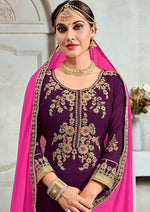 Purple & Pink Golden Georgette Embroidered Palazzo Suit
