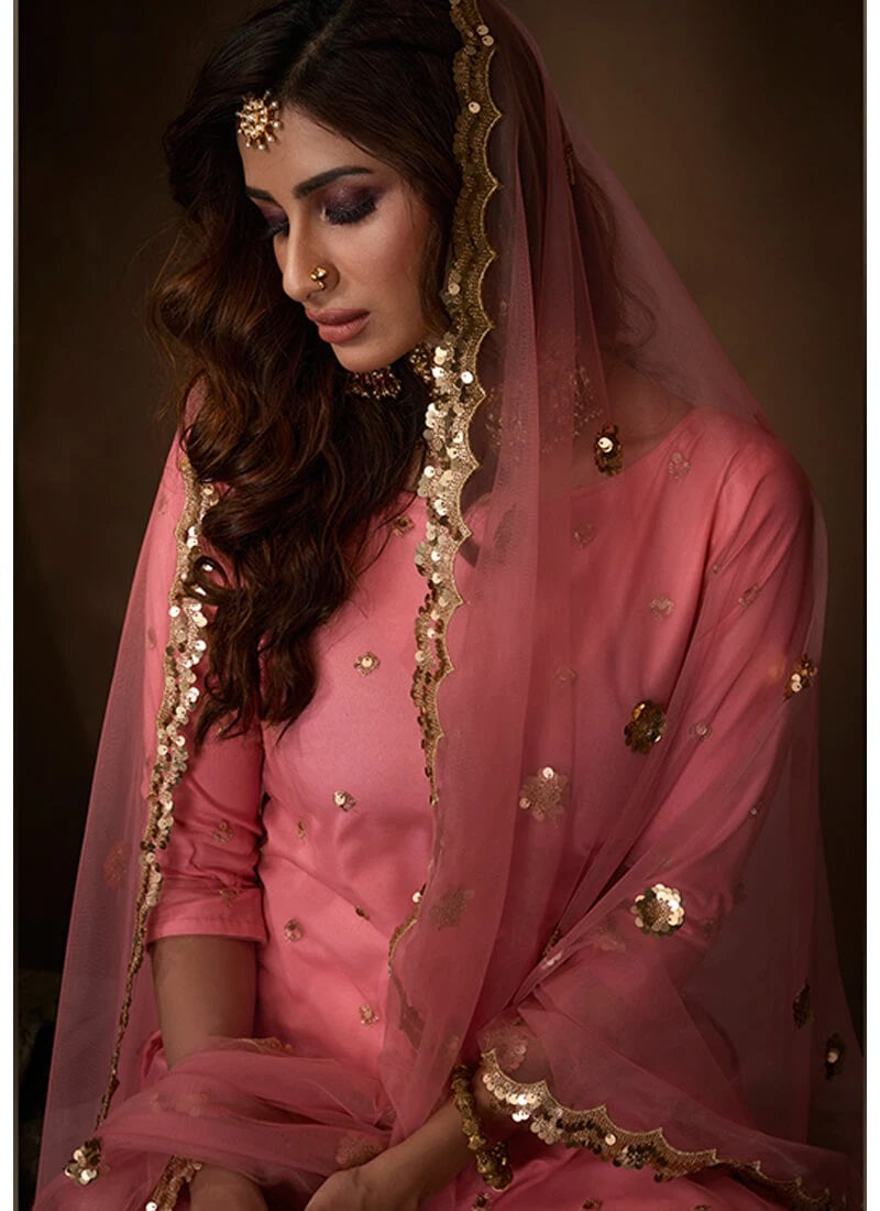 Pink Sequins Embroidered Net Gharara Suit