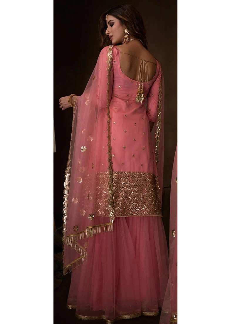 Pink Sequins Embroidered Net Gharara Suit