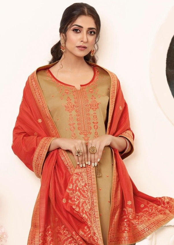 Beige & Orange Embroidered Banarasi Silk Churidar Suit